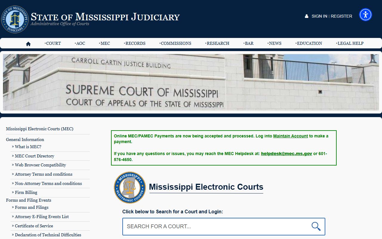 Tallahatchie County court records after arrest Mississippi Electronic Courts search page