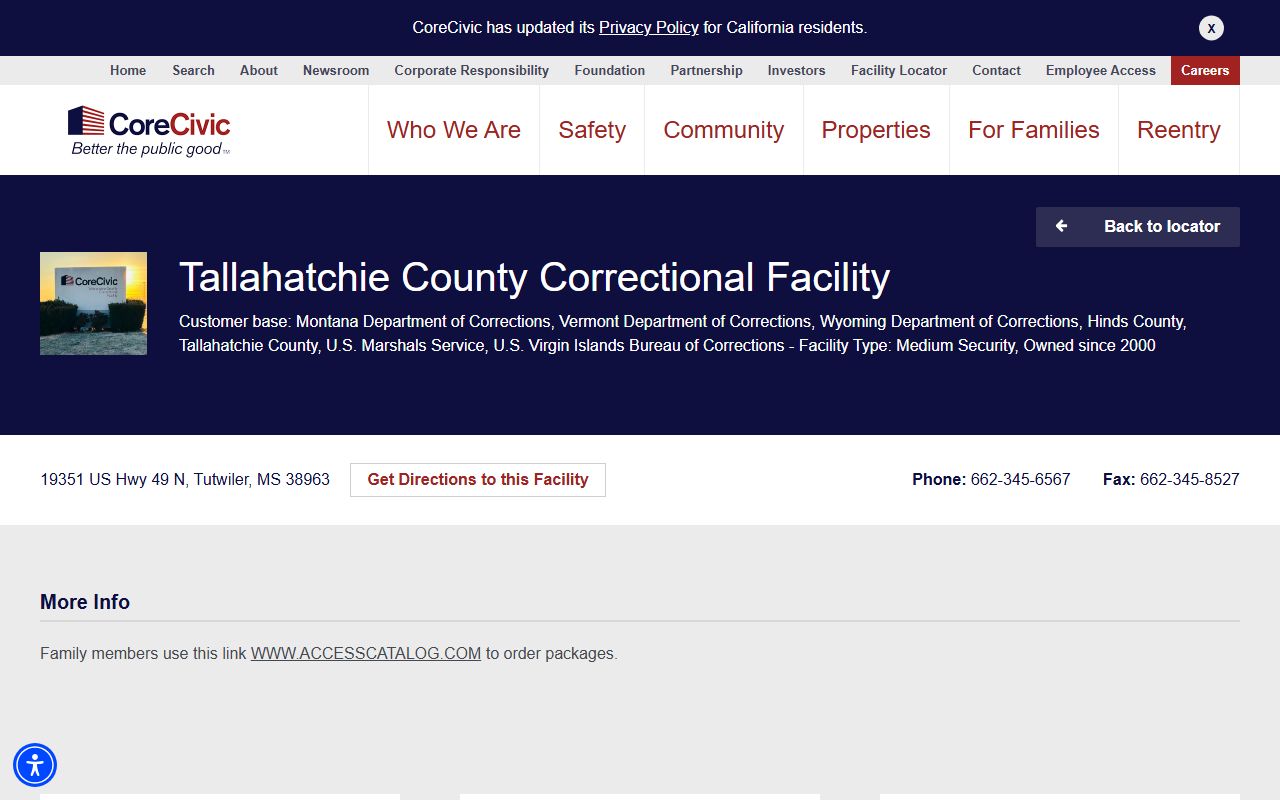 Tallahatchie County Correctional Facility inmate custody and family resource page